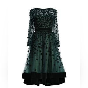 Mac Duggal Embellished Long Sleeve Velvet Midi Dress Green Floral Size 8